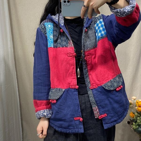 Omychic Vintage Cotton Linen Padded Coat Outerwear Female 2020 Winter Hooded Coat Tops - Omychic