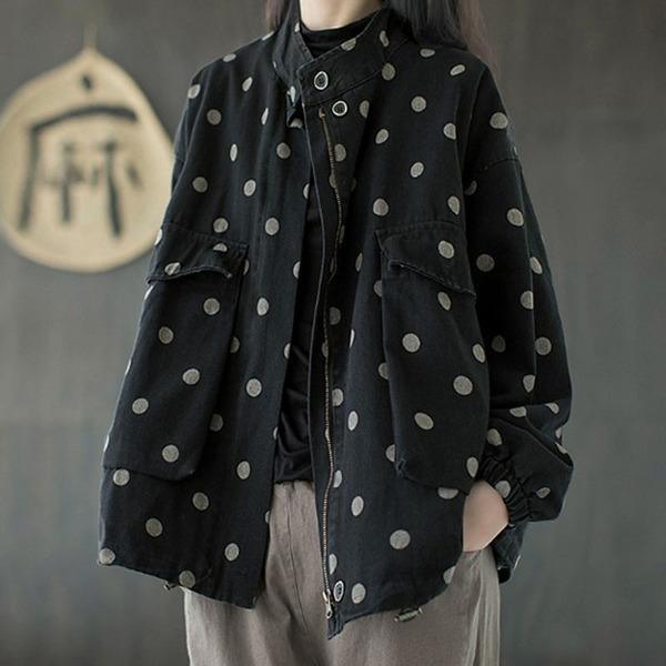 New All-match Retro Polka Dot Zipper Long Sleeve Coats Loose  Coat - Omychic