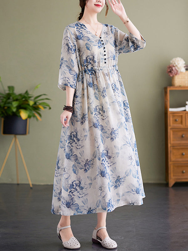 Loose Elasticity Floral Printed V-neck Midi Dress