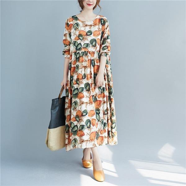 long sleeve cotton linen plus size vintage floral for women casual loose summer autumn dress - Omychic