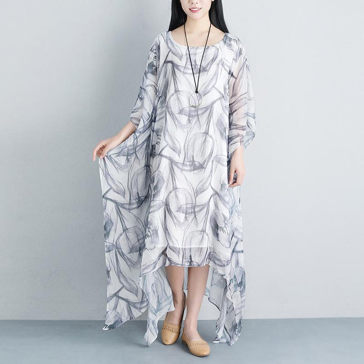 Summer Loose Casual Fake Two-piece Half Sleeve Gray Long Dress - Omychic
