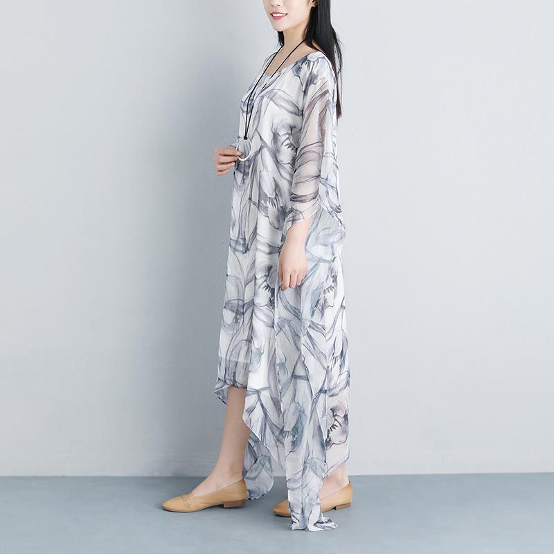 Summer Loose Casual Fake Two-piece Half Sleeve Gray Long Dress - Omychic