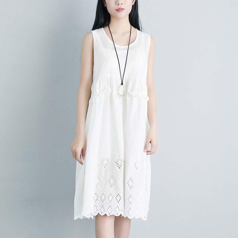 Lacing Casual Hollow Summer Sleeveless White Dress - Omychic