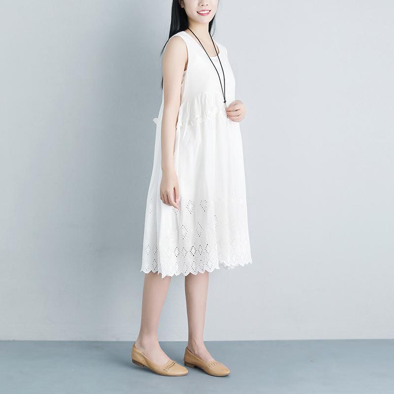 Lacing Casual Hollow Summer Sleeveless White Dress - Omychic