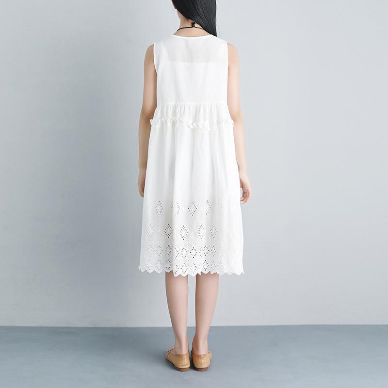 Lacing Casual Hollow Summer Sleeveless White Dress - Omychic