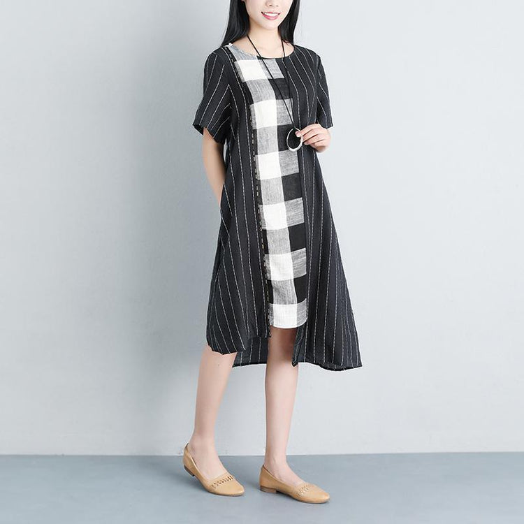 Stripe Summer Short Sleeve Casual Pockets Black Dress - Omychic
