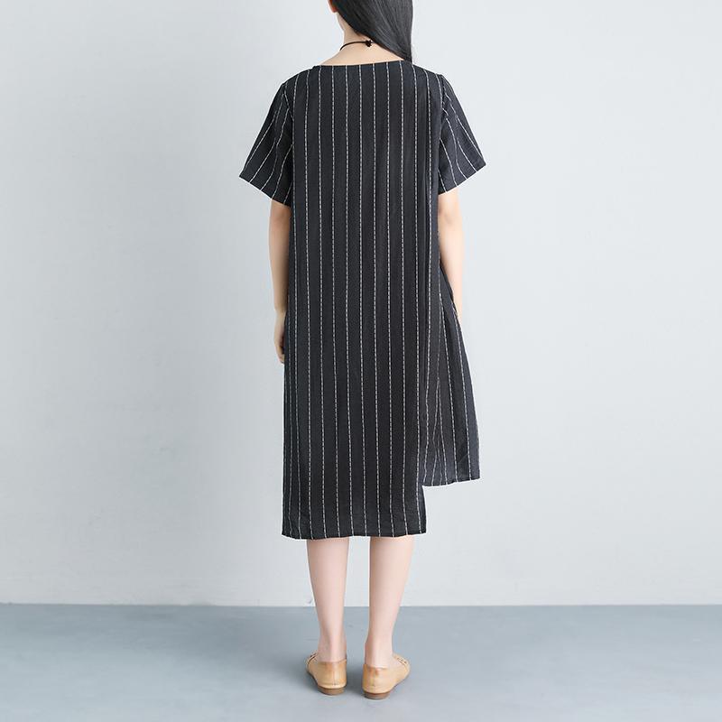 Stripe Summer Short Sleeve Casual Pockets Black Dress - Omychic
