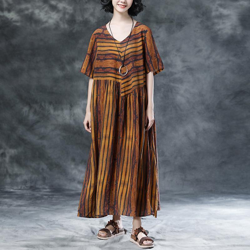 Stripe Casual Pockets Summer Short Sleeve Pleated Dress - Omychic