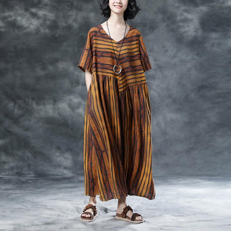 Stripe Casual Pockets Summer Short Sleeve Pleated Dress - Omychic