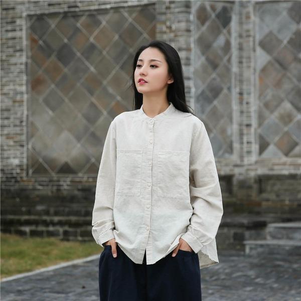 Women Autumn Cotton Linen Blouse Tops Ladies Loose Vintage Shirt - Omychic
