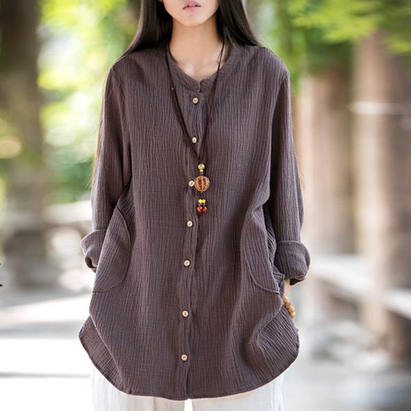 2020 Spring New Vintage Loose Solid Color Cotton Linen O-Neck Long Sleeve Coats - Omychic