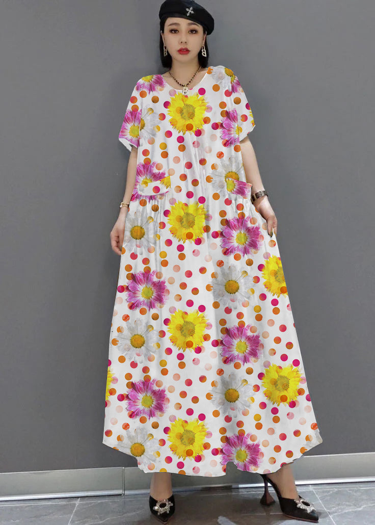 loose white -dot O-Neck Print Satin Maxi Dress Summer