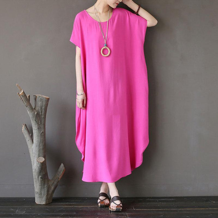 Women Cotton Short Sleeve Plain Pink Loose Dress - Omychic