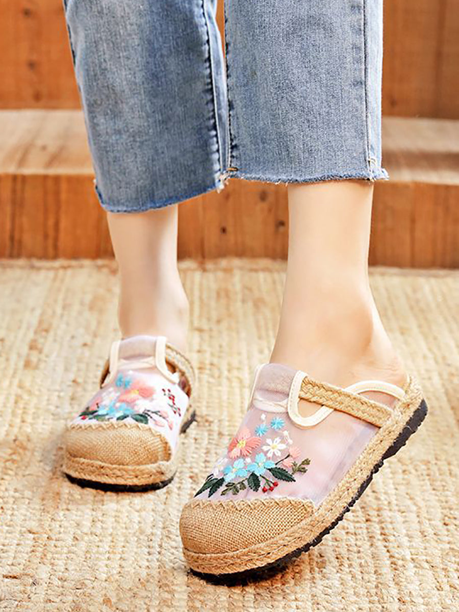 Women Summer Embroidery Flower Straw Flat Shoes