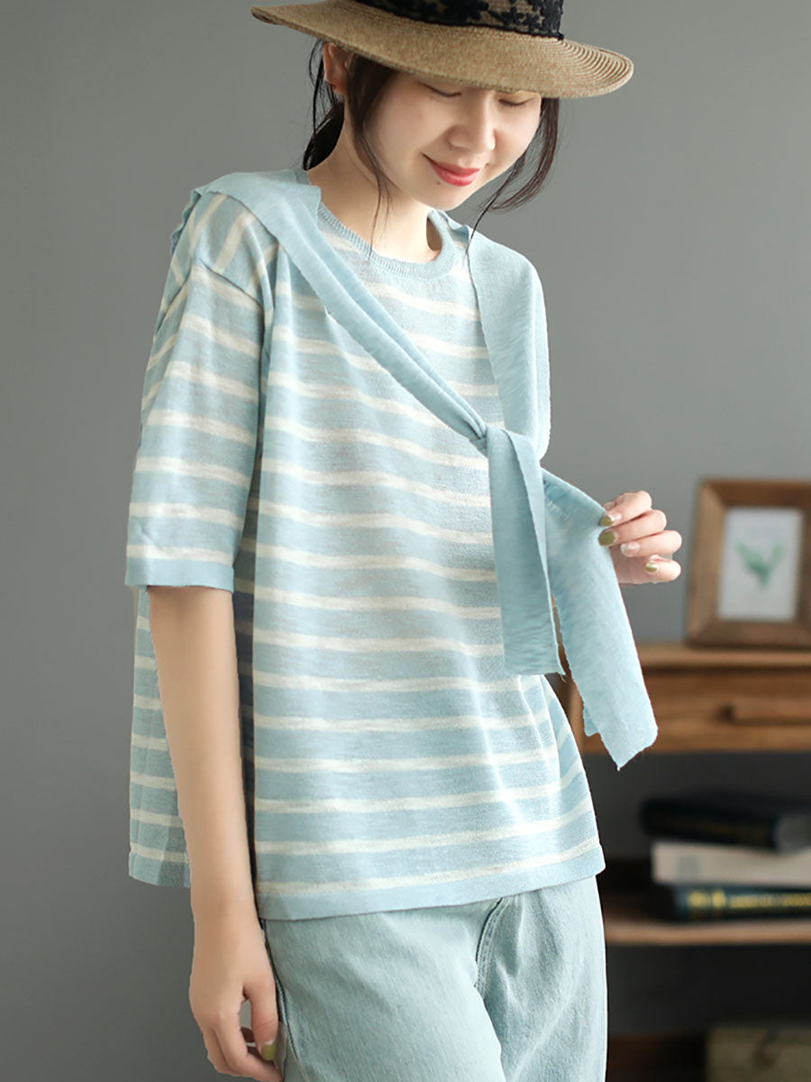 Women Summer Stripe Casual Fake Two Pieces Shirt