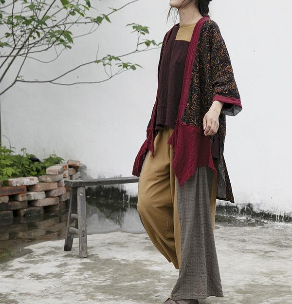 Loose Patchwork Cotton Linen Pants Ladies Vintage Elastic Waist Retro Wide Leg Pants - Omychic