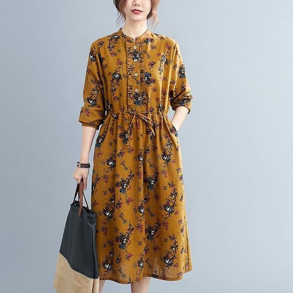 omychic plus size cotton linen vintage floral for women casual loose autumn dress - Omychic