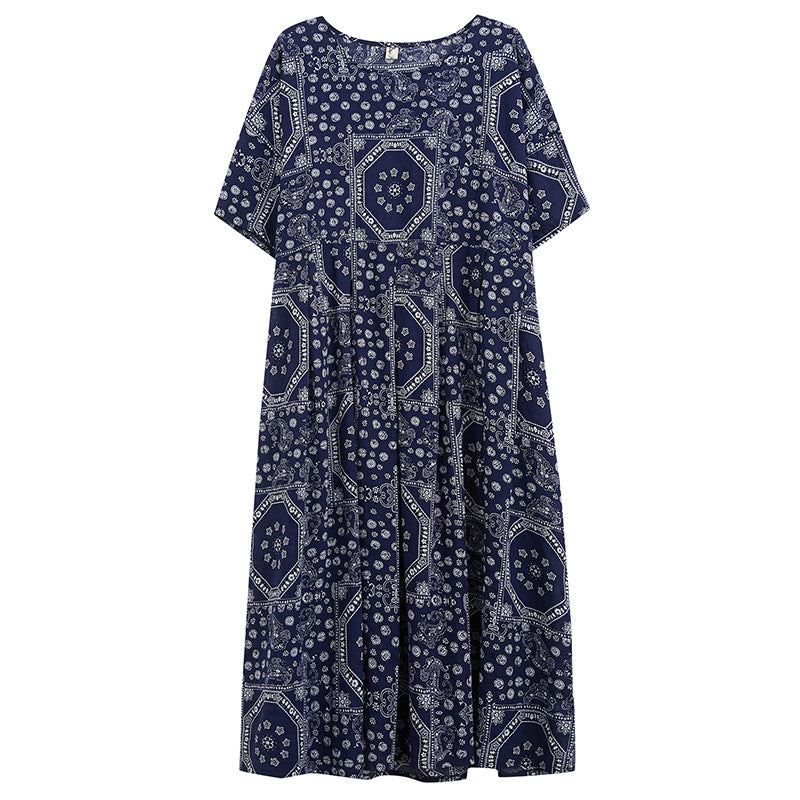 Plus Size Loose Cotton and Linen Print Dress