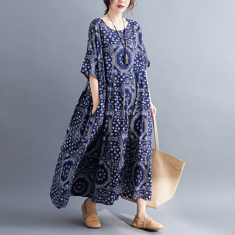 Plus Size Loose Cotton and Linen Print Dress