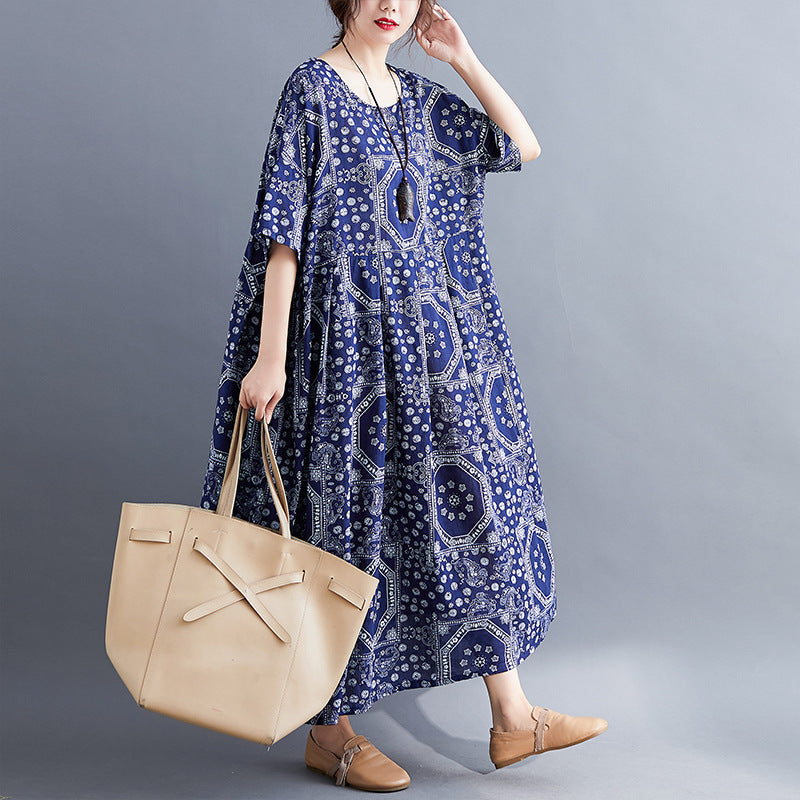 Plus Size Loose Cotton and Linen Print Dress