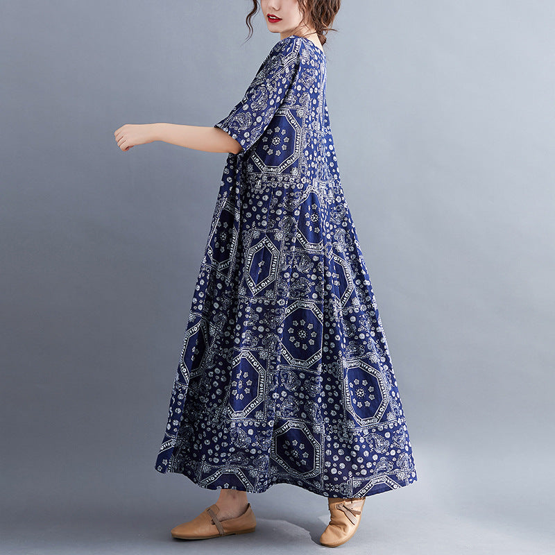 Plus Size Loose Cotton and Linen Print Dress