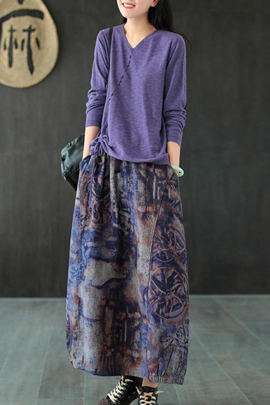 Casual Retro Print Elastic Waist Wild Skirt