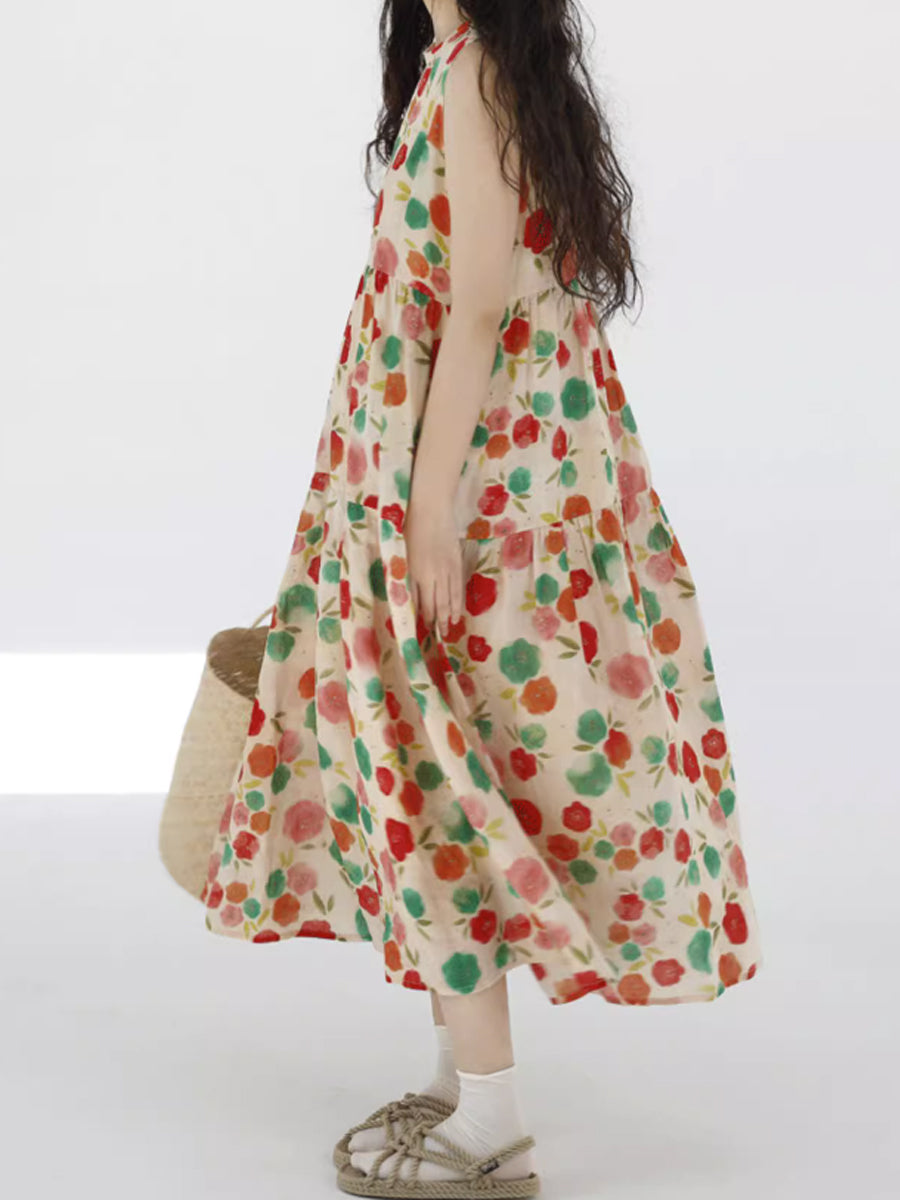 Cute O-Neck Flower Spliced Pleated Vest Dress