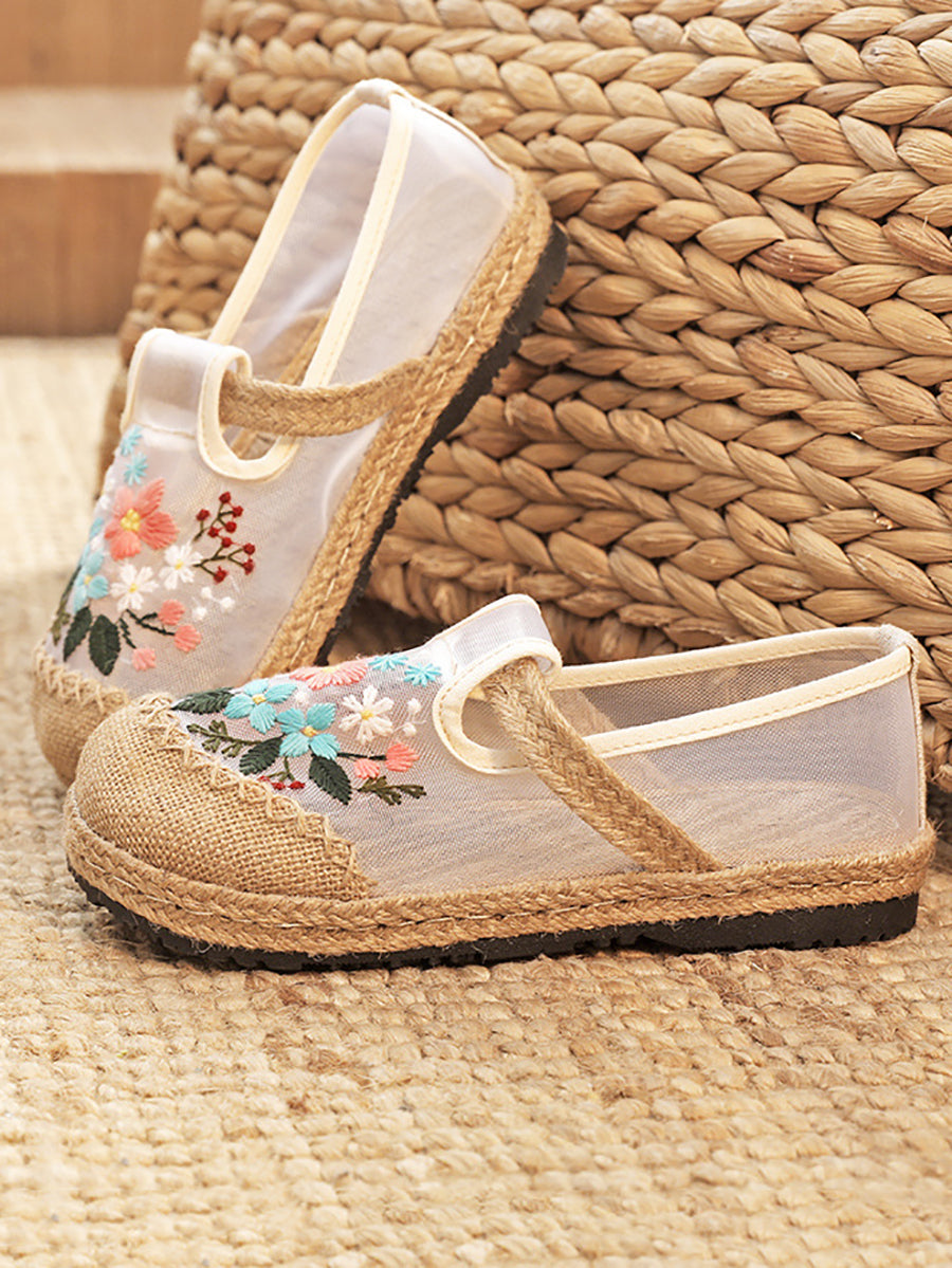 Women Summer Embroidery Flower Straw Flat Shoes