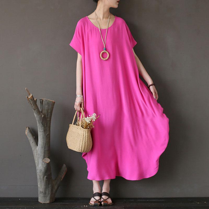 Women Cotton Short Sleeve Plain Pink Loose Dress - Omychic