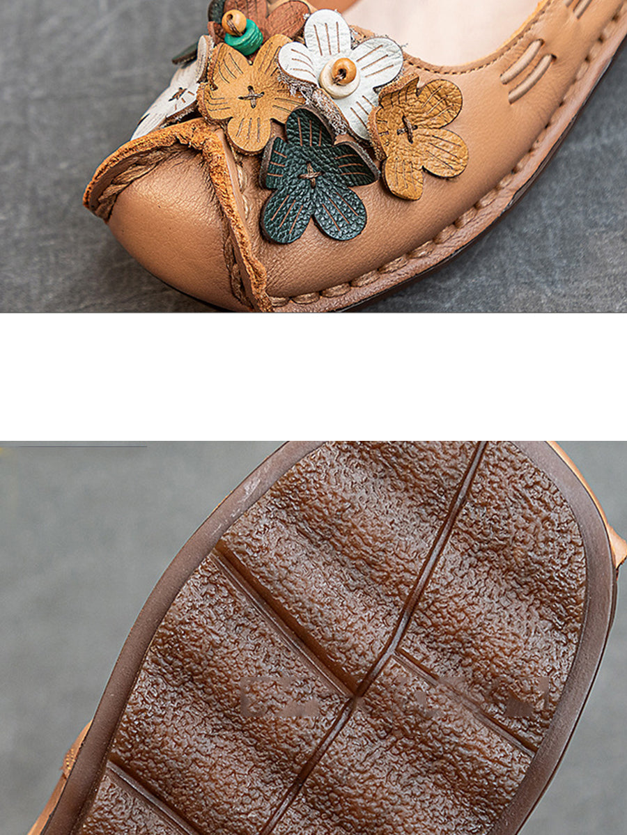 Women Summer Vintage Floral Spliced Leather Flat Shoes