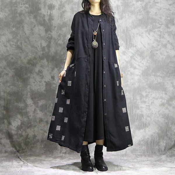 Women Cotton Linen Trench Vintage Autumn Coats Patchwork  Clothing Black Trench Coats - Omychic