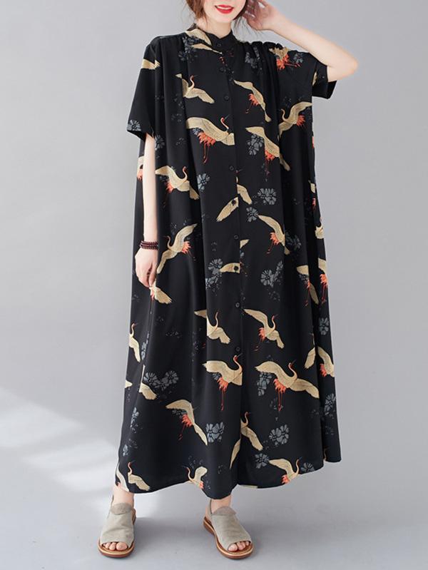 Women Summer Printed Stand Collar Shirt Dress