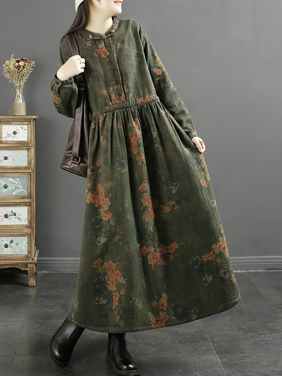 Casual Loose Fall Vintage Leaf Print Cotton Dress