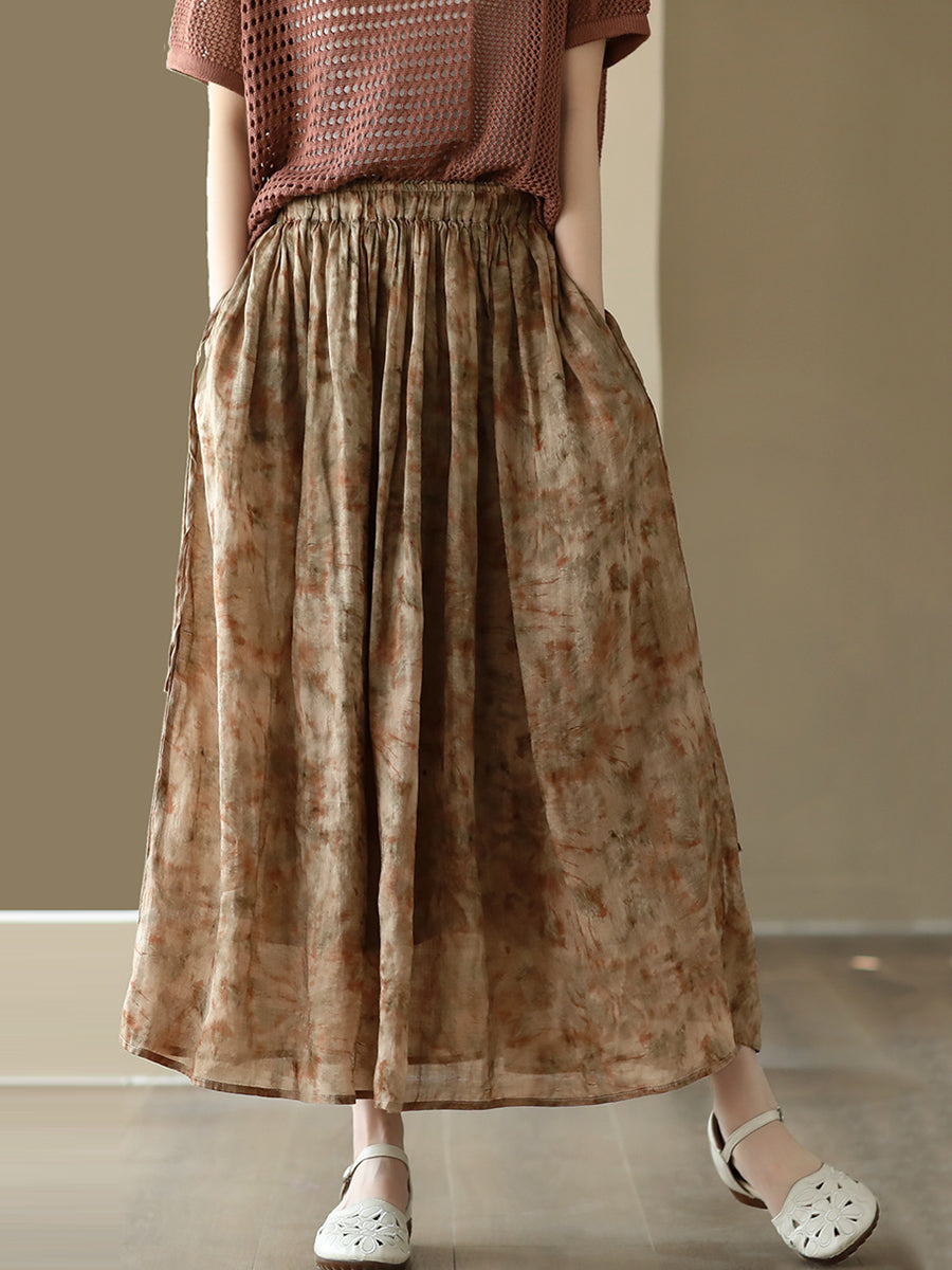 Casual Summer Artsy Floral Drawstring Loose Ramie Skirt