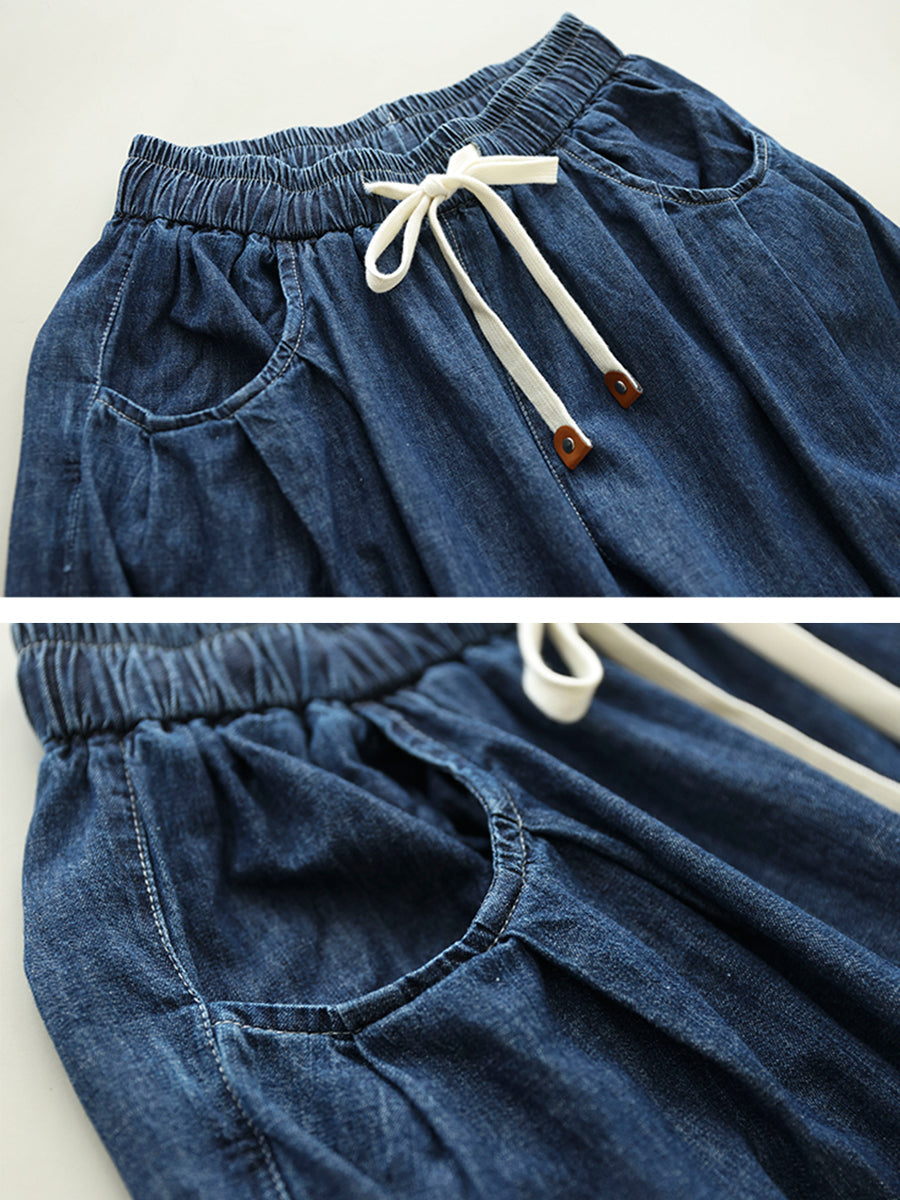 Summer Solid Washed Drawstring Pocket Denim Pants