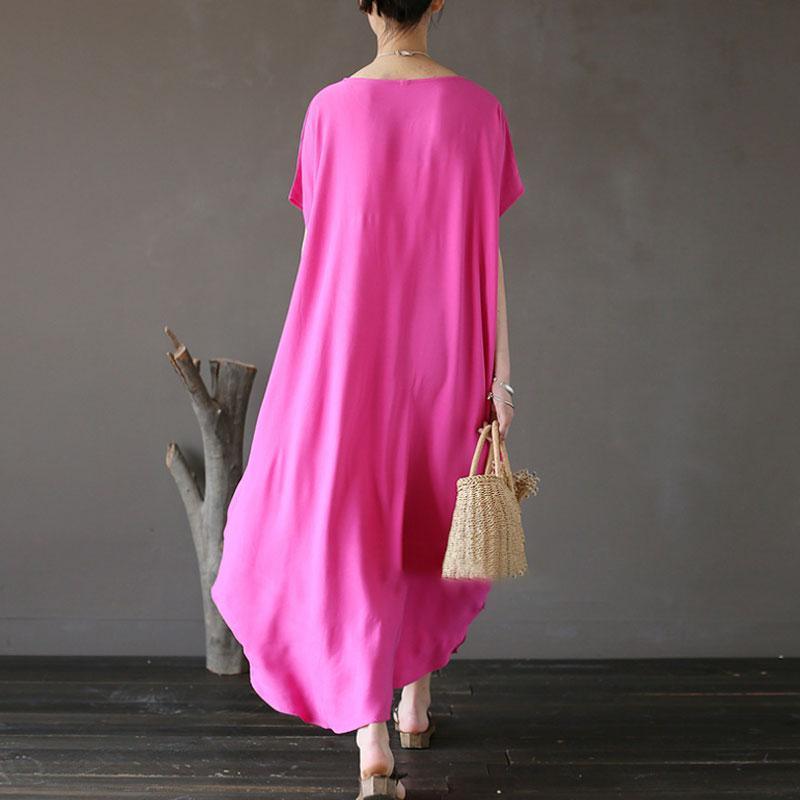 Women Cotton Short Sleeve Plain Pink Loose Dress - Omychic