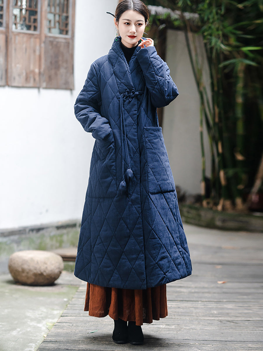 Women Vintage Solid Buckle Linen Padded Coat