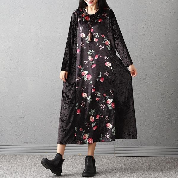 long sleeve plus size velvet vintage floral for women casual loose autumn winter dress - Omychic