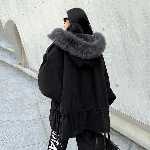 Black Full Sleeve Goddess Fan Casual Style Loose Parkas Coat - Omychic