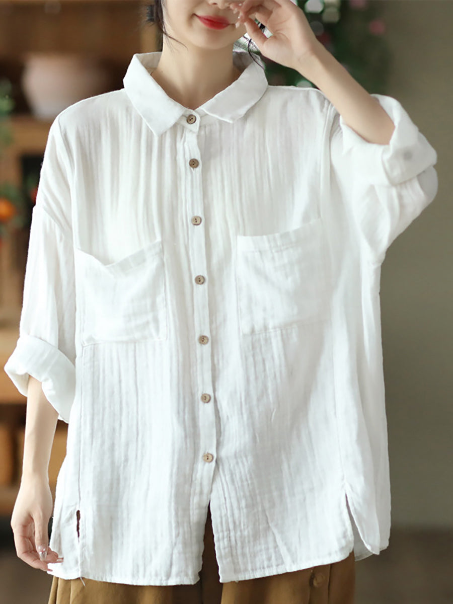 Women Spring Casual Pocket Button Cotton Shirt