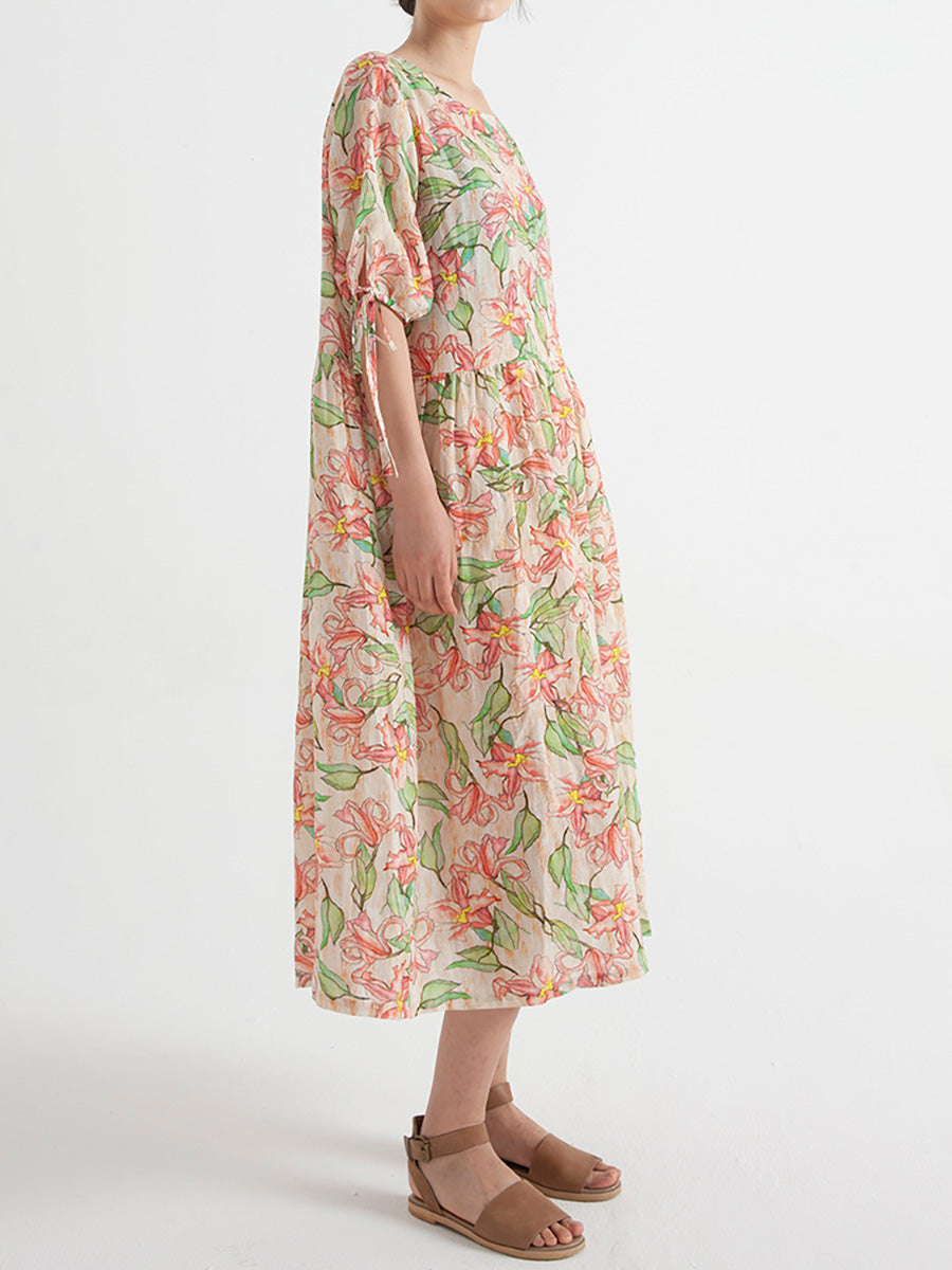 Plus Size Floral Ramie Summer Loose Dress Short Sleeve