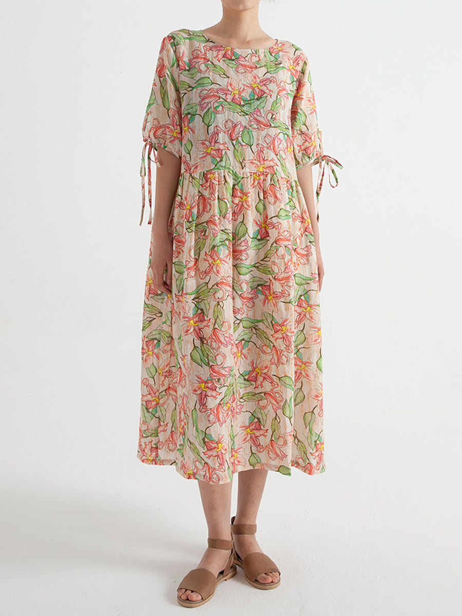 Plus Size Floral Ramie Summer Loose Dress Short Sleeve