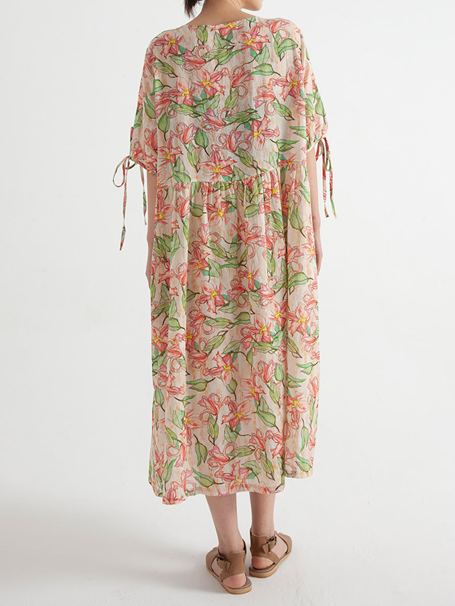 Plus Size Floral Ramie Summer Loose Dress Short Sleeve