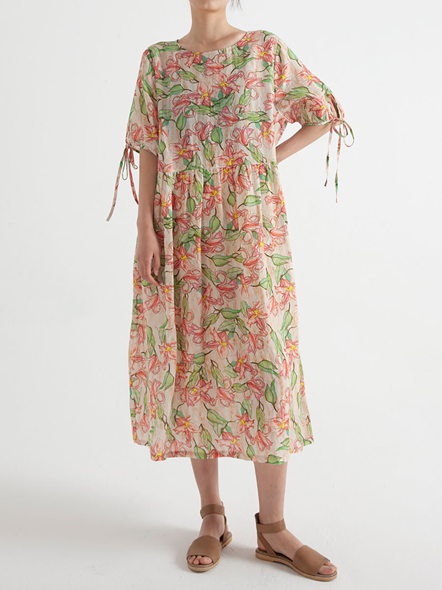 Plus Size Floral Ramie Summer Loose Dress Short Sleeve