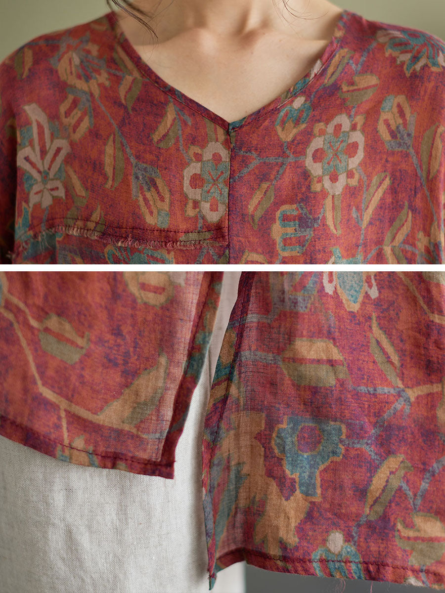 Irregular Floral Vintage Ramie Split Women‘s Casual Shirt
