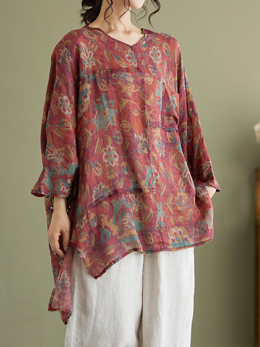 Irregular Floral Vintage Ramie Split Women‘s Casual Shirt