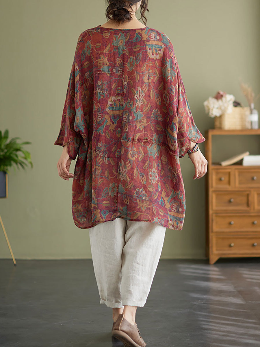 Irregular Floral Vintage Ramie Split Women‘s Casual Shirt