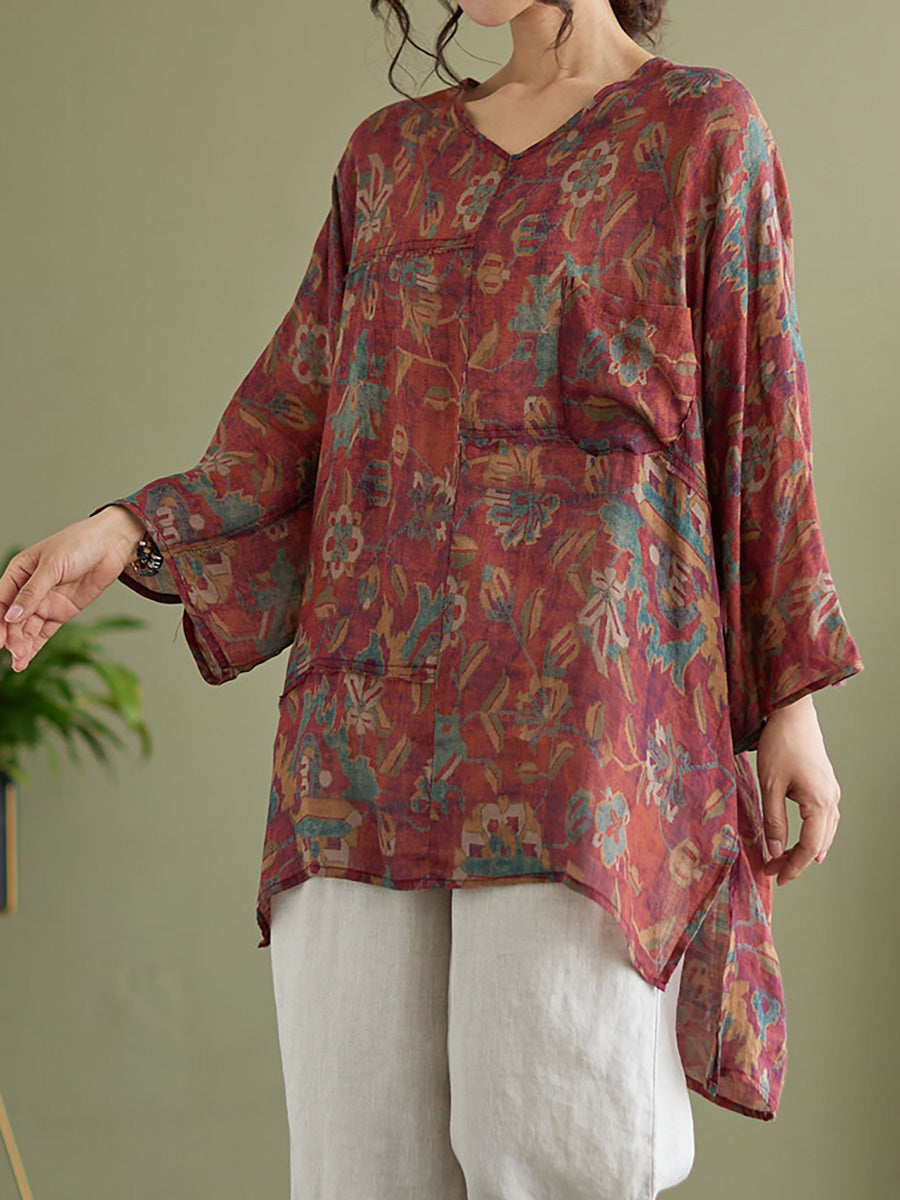 Irregular Floral Vintage Ramie Split Women‘s Casual Shirt