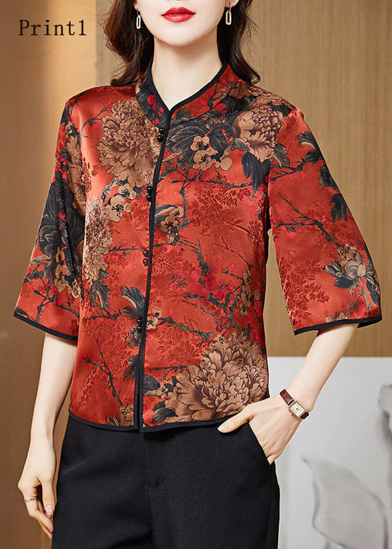 Vintage Red-print4 Mandarin Collar Print Silk Shirt Tops Half Sleeve