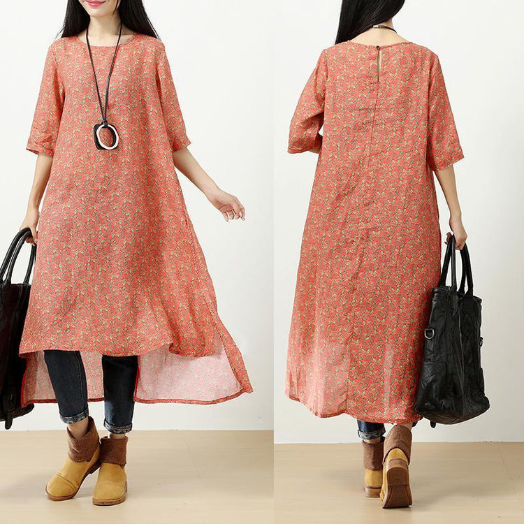 Retro Printing Side Slit Short Sleeves Linen Orange Red Women Dress - Omychic